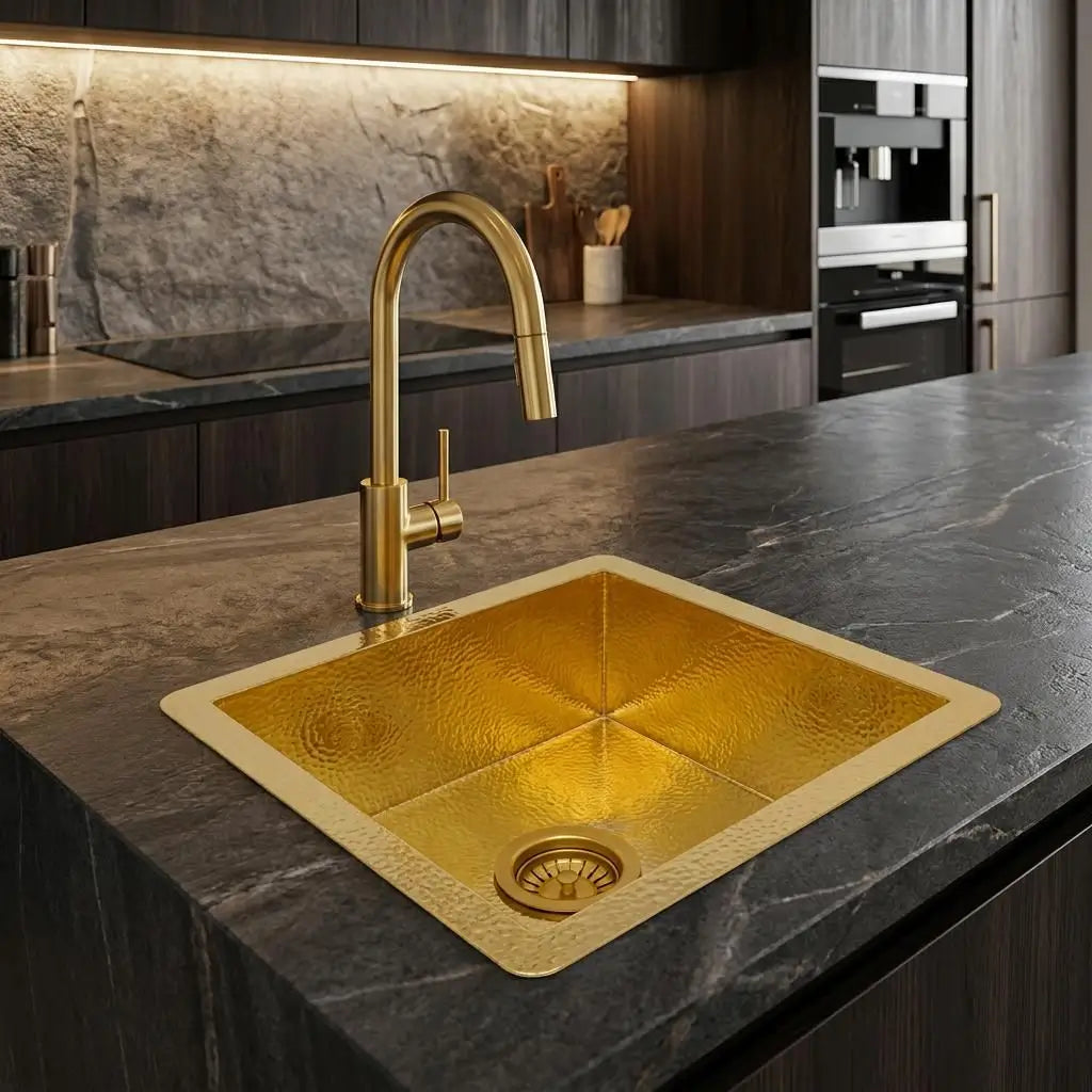 Square hammered brass kitchen sink with a sleek gooseneck faucet on a matte black marble island countertop in a contemporary kitchen.