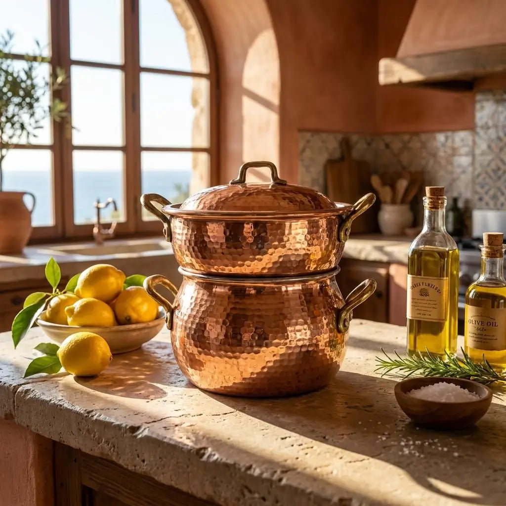 Hammered Moroccan copper couscous steamer pot on a stone kitchen counter, featuring olive oil bottles, fresh lemons, and natural sunlight from a large window.