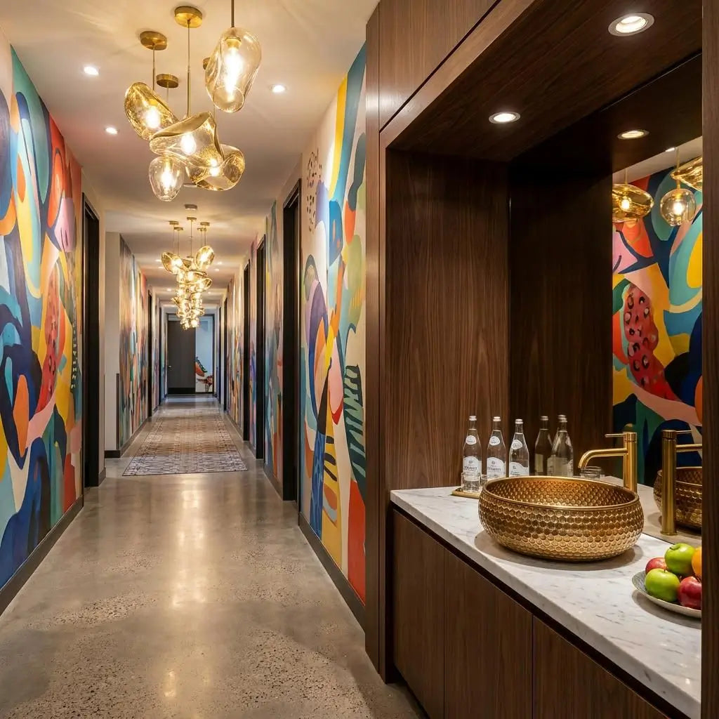 Mid-Century Modern Hammered Brushed Brass Sink with a honeycomb texture, luxury bathroom fixture installed on a vanity console in a modern hallway with colorful abstract mural walls and hanging glass lights.