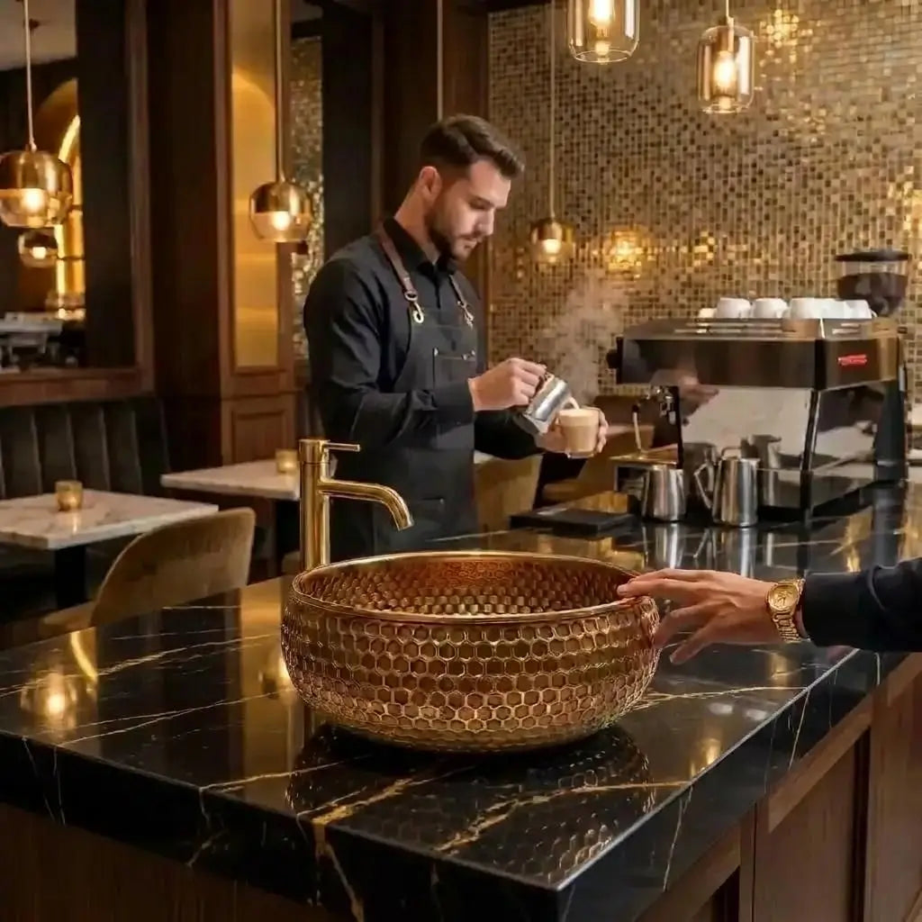 Mid-Century Modern Hammered Brushed Brass Sink with a honeycomb texture, showcased on a black marble counter in a coffee shop with a barista preparing coffee in the background.