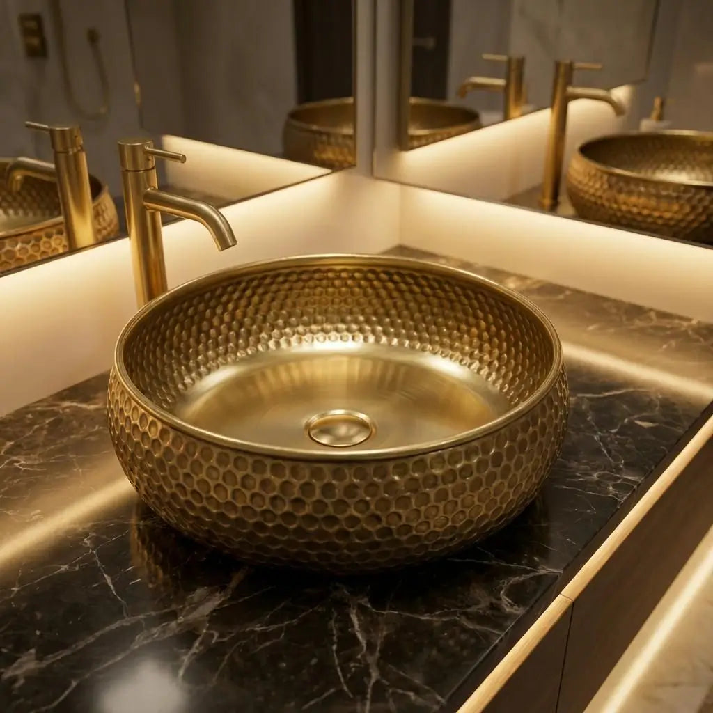Mid-Century Modern Hammered Brushed Brass Sink with a honeycomb texture, shown in a close-up view with a matching gold faucet and a mirror reflection.