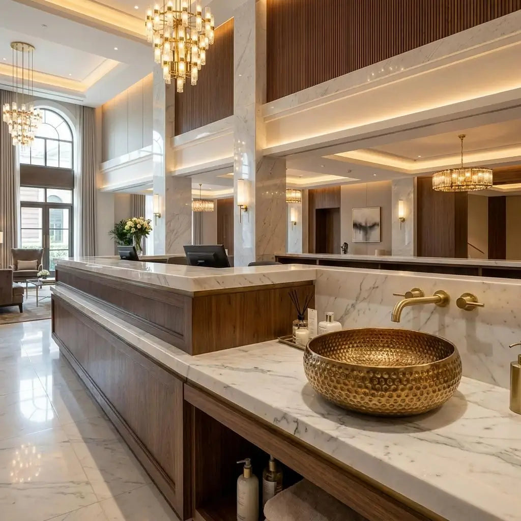 Mid-Century Modern Hammered Brushed Brass Sink with a honeycomb texture, shown on a white marble reception counter in a luxury grand hotel lobby with high ceilings and chandeliers.