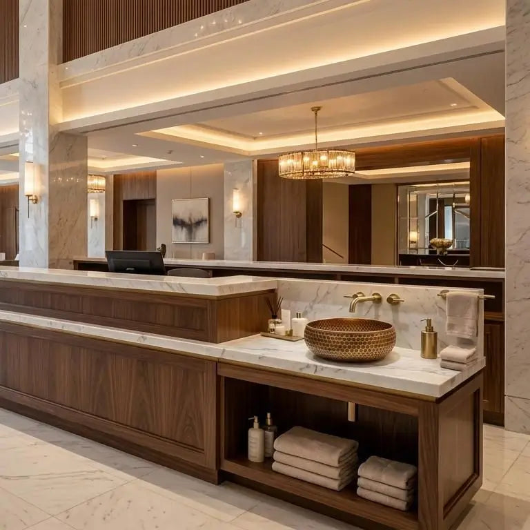Mid-Century Modern Hammered Brushed Brass Sink with a honeycomb texture, integrated into a luxury hotel reception desk vanity with a white marble top and wooden panels.