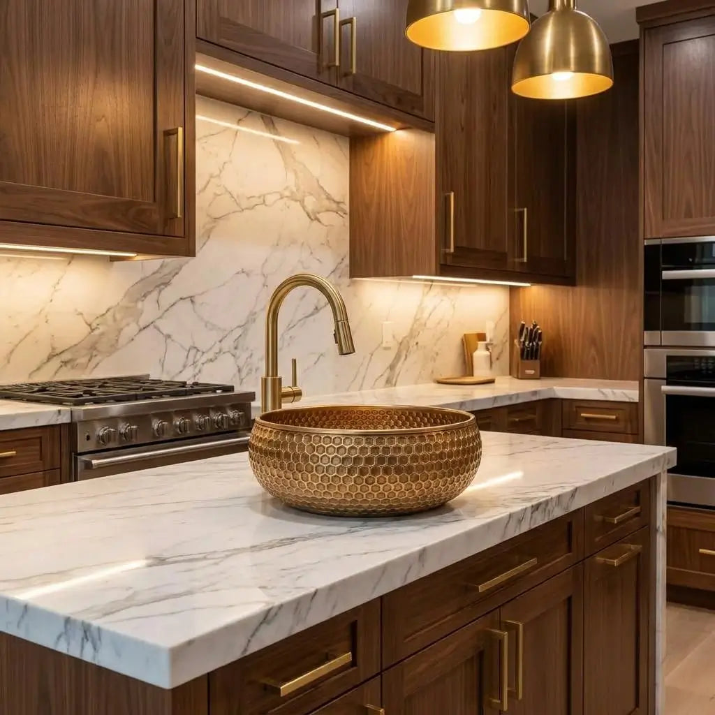 Mid-Century Modern Hammered Brushed Brass Sink with a honeycomb texture, luxury fixture installed as a prep basin on a white marble kitchen island with wooden cabinets.