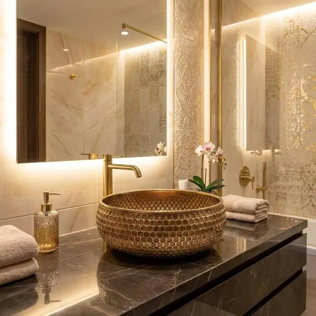 Mid-Century Modern Hammered Brushed Brass Sink with a honeycomb texture, luxury bathroom fixture styled with a gold faucet, soap dispenser, and towels on a grey marble vanity.