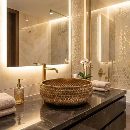 Mid-Century Modern Hammered Brushed Brass Sink with a honeycomb texture, luxury bathroom fixture styled with a gold faucet, soap dispenser, and towels on a grey marble vanity.