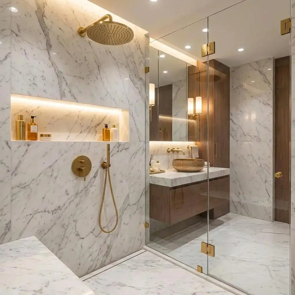Mid-Century Modern Hammered Brushed Brass Sink with a honeycomb texture, visible in the vanity background of a luxury marble walk-in shower room with brass fixtures.