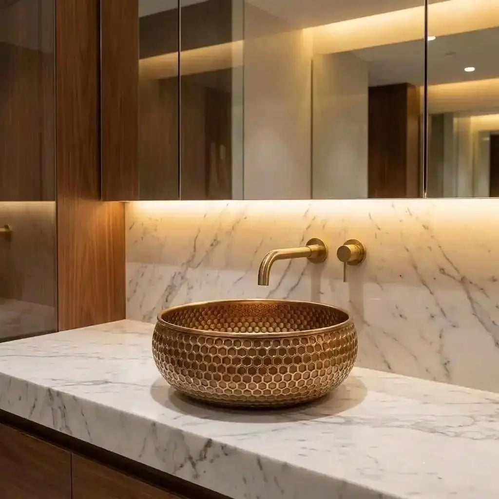 Mid-Century Modern Hammered Brushed Brass Sink with a honeycomb texture, styled with a wall-mounted brass faucet on a white marble countertop with under-cabinet lighting.