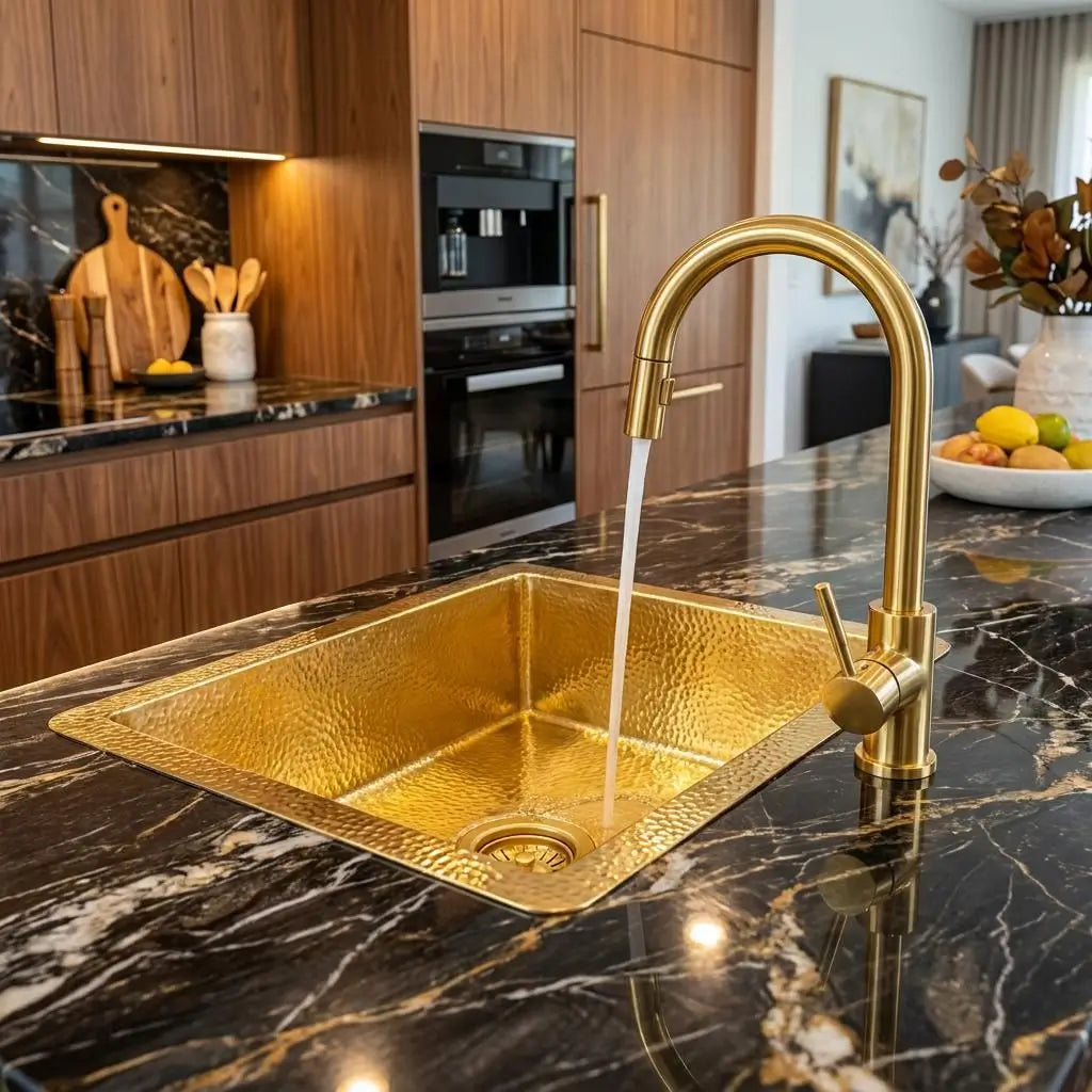 A running single-handle gold faucet over a hammered brass kitchen sink integrated into a black marbled island countertop in a modern wooden styled kitchen.