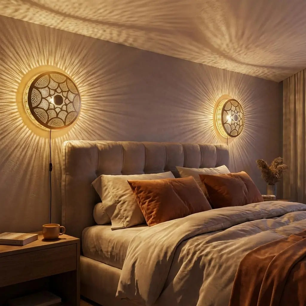 Modern brass wall sconce with handmade minimalist design casting patterned radial light, installed over a bedroom headboard as a luxury home light fixture.