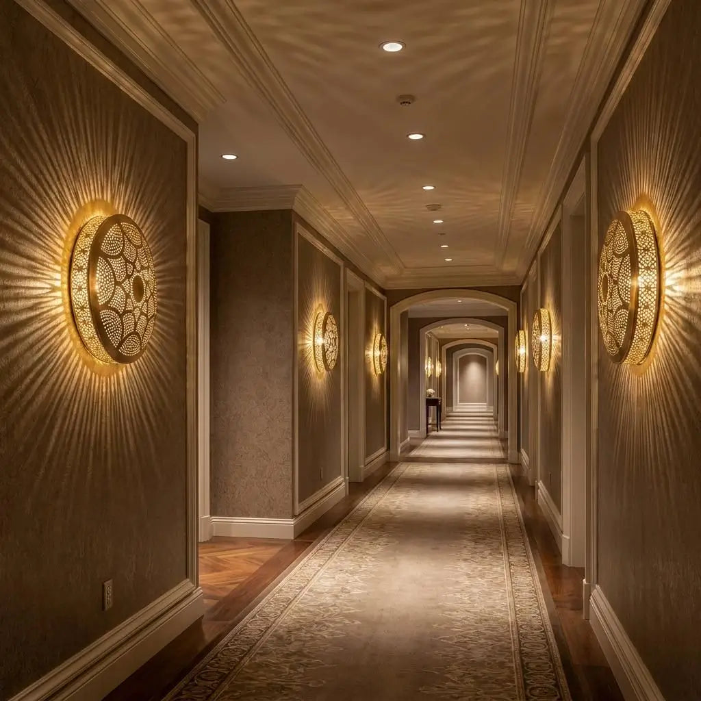 Modern brass wall sconces in a luxury long hallway, handmade minimalist light fixtures casting radial warm shadows along corridor walls.