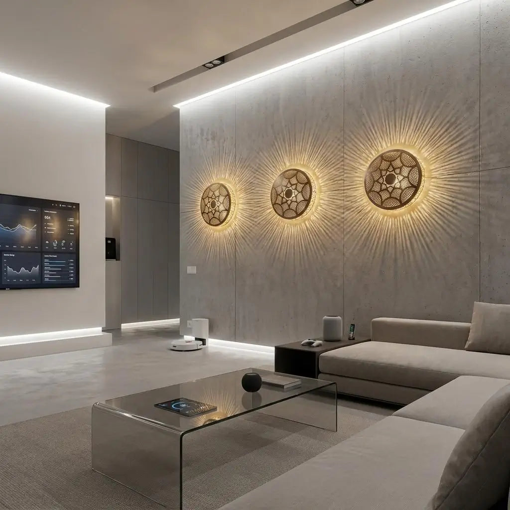 Three handmade minimalist brass wall sconces arranged horizontally on a concrete wall in a modern living room, casting warm geometric light rays.