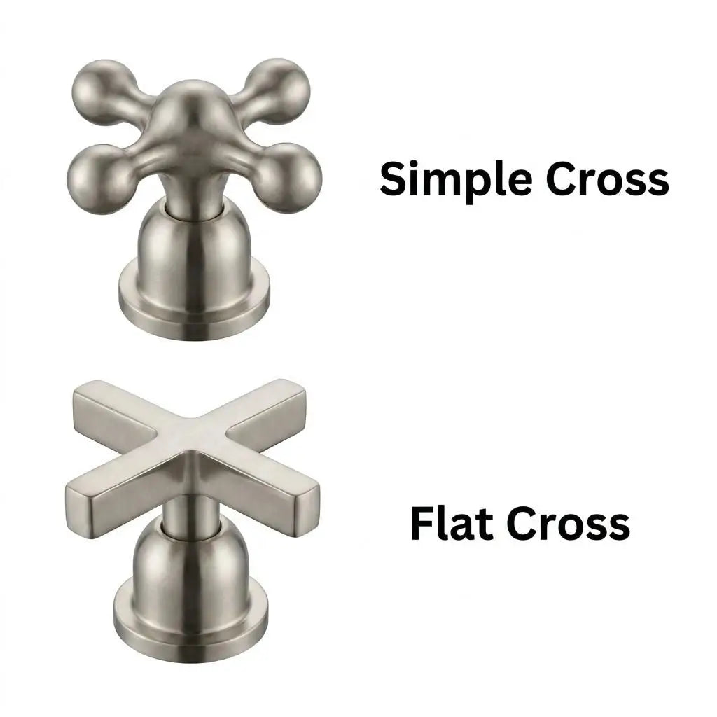 A selection chart for the modern flat-cross bridge kitchen faucet in chrome finish, showcasing the classic ornate simple cross handle and the sleek modern flat cross handle option over a white background.