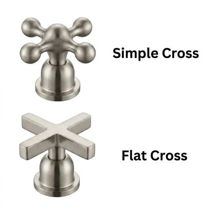A selection chart for the modern flat-cross bridge kitchen faucet in chrome finish, showcasing the classic ornate simple cross handle and the sleek modern flat cross handle option over a white background.