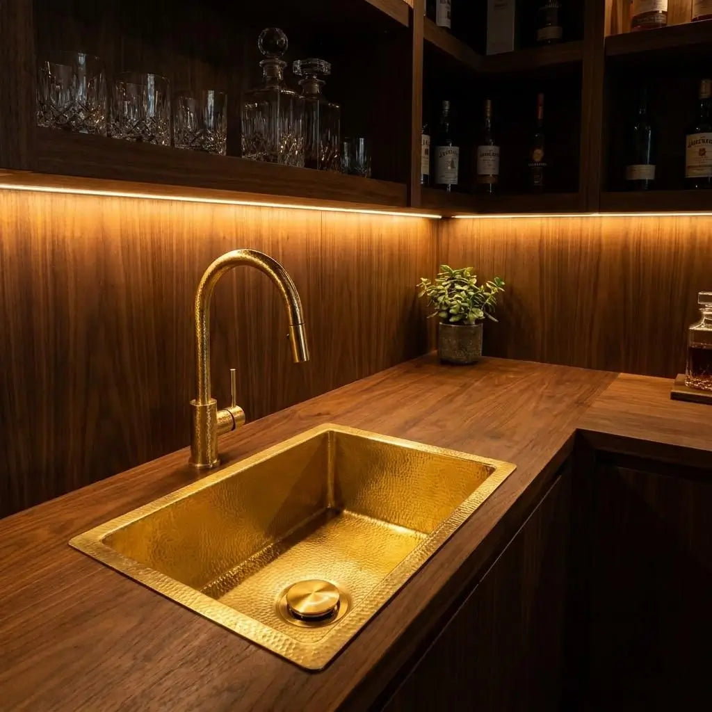 Modern golden brass undermount sink on a dark wood countertop featuring warm LED strip backlighting and a sleek gold gooseneck faucet