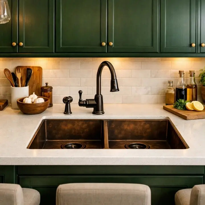 Modern kitchen setup featuring a handmade double bowl copper sink with an oil rubbed bronze faucet and dark green cabinets
