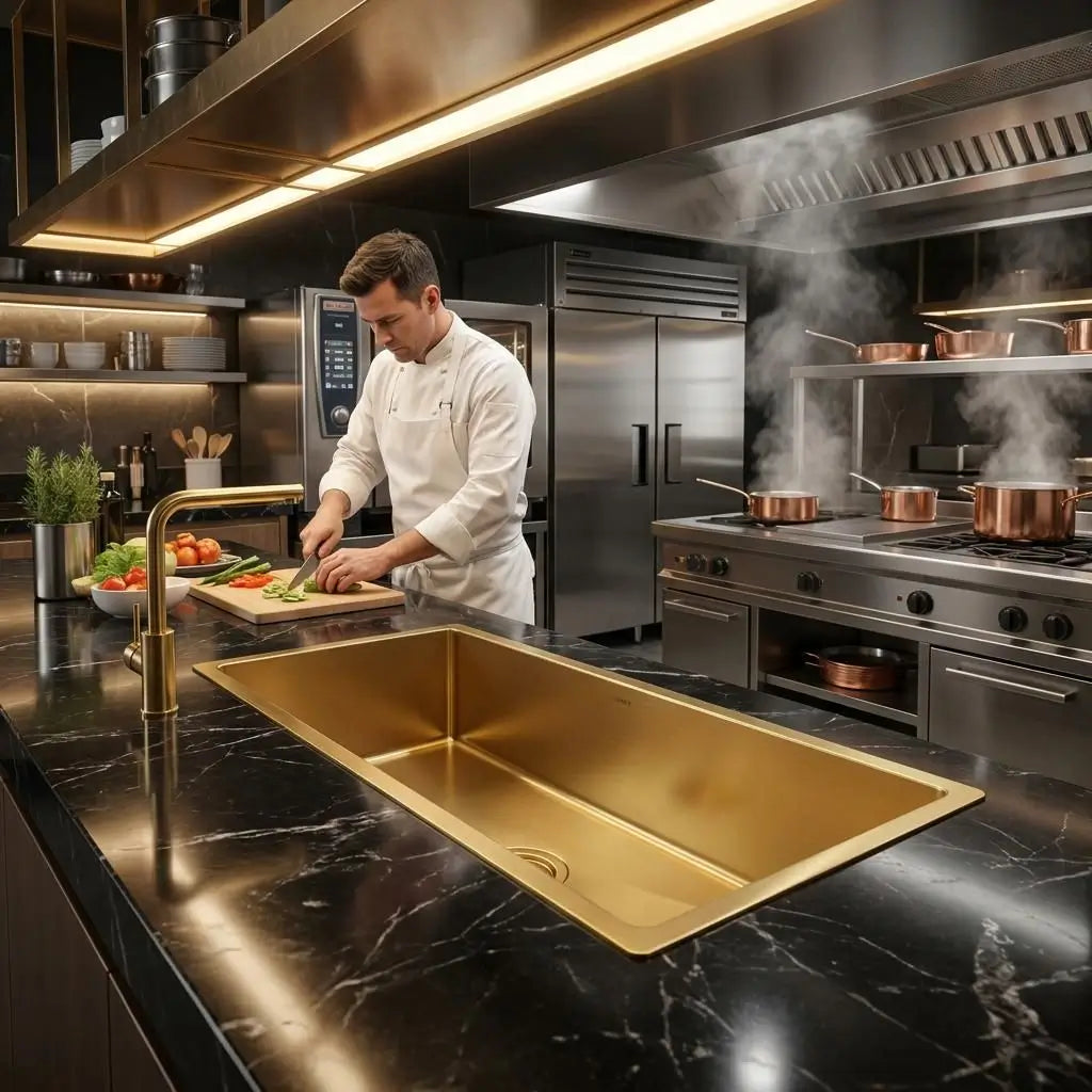 Brass kitchen sink on black veined marble island with a professional chef chopping vegetables near steaming copper pots in a luxury modern kitchen