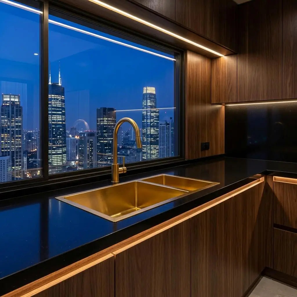 Modern penthouse kitchen island featuring a premium handcrafted copper double bowl sink with a sleek gold gooseneck faucet overlooking a city skyline view.