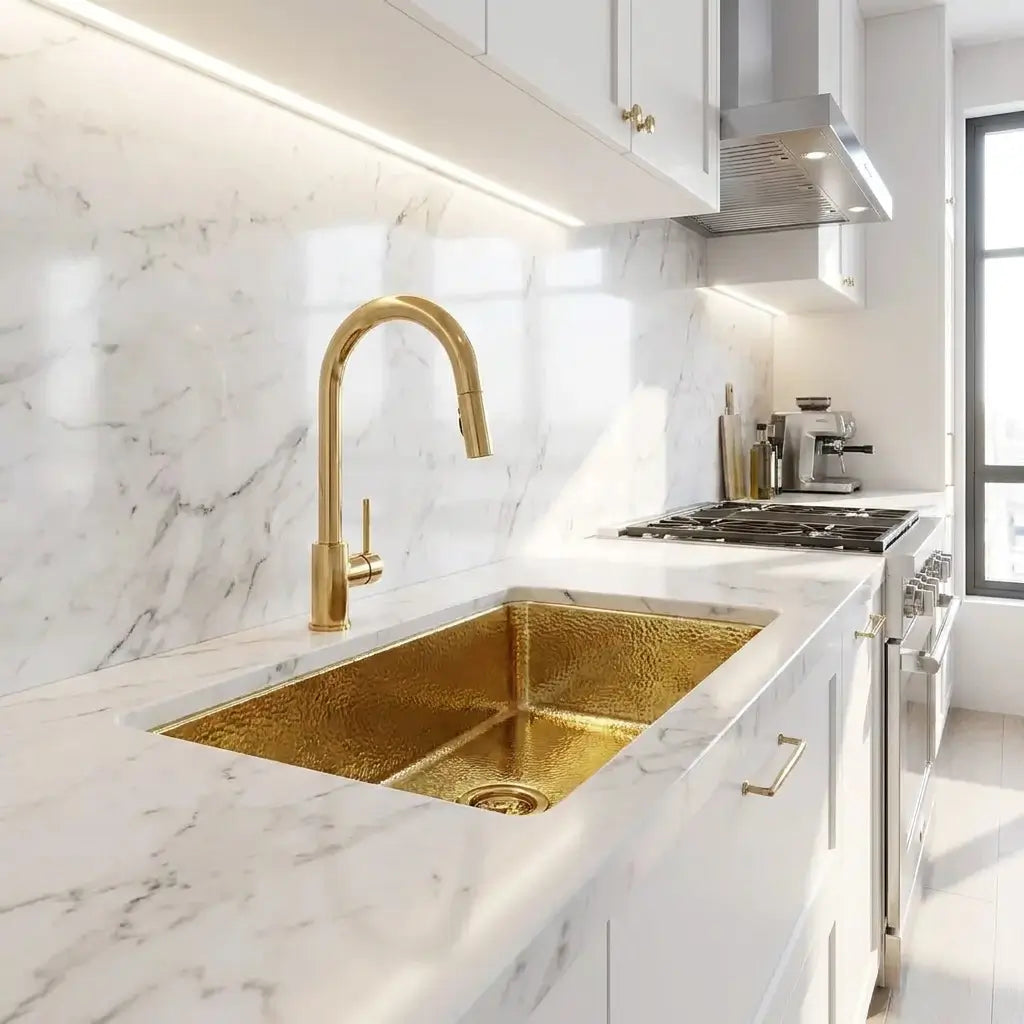 30 inch rectangular hammered copper kitchen sink set under white calacatta marble countertop in a bright modern kitchen with gold goose-neck faucet