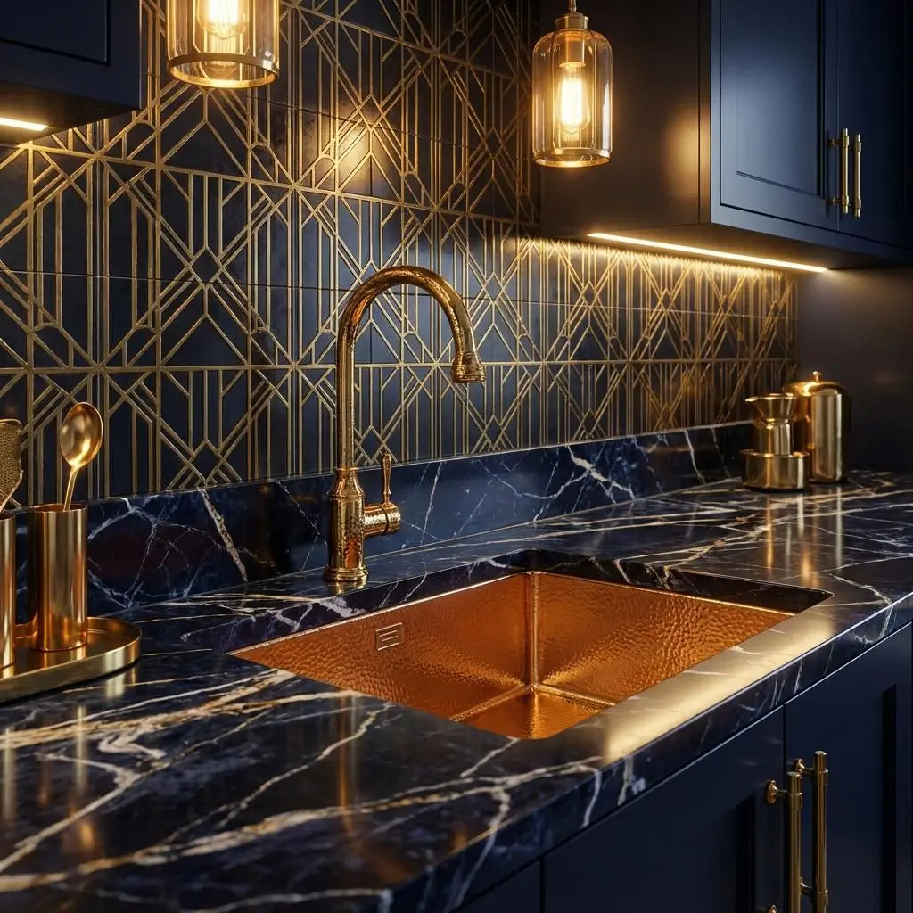Modern undermount hammered copper kitchen sink set in a dark blue marble countertop with a luxury brass faucet and geometric tile backsplash.