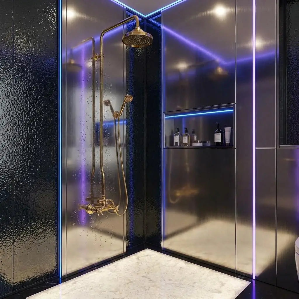 Unlacquered brass rain shower system with a Moroccan wall-mounted shower head and handheld unit, enclosed by a clear glass panel in a white marble bathroom.