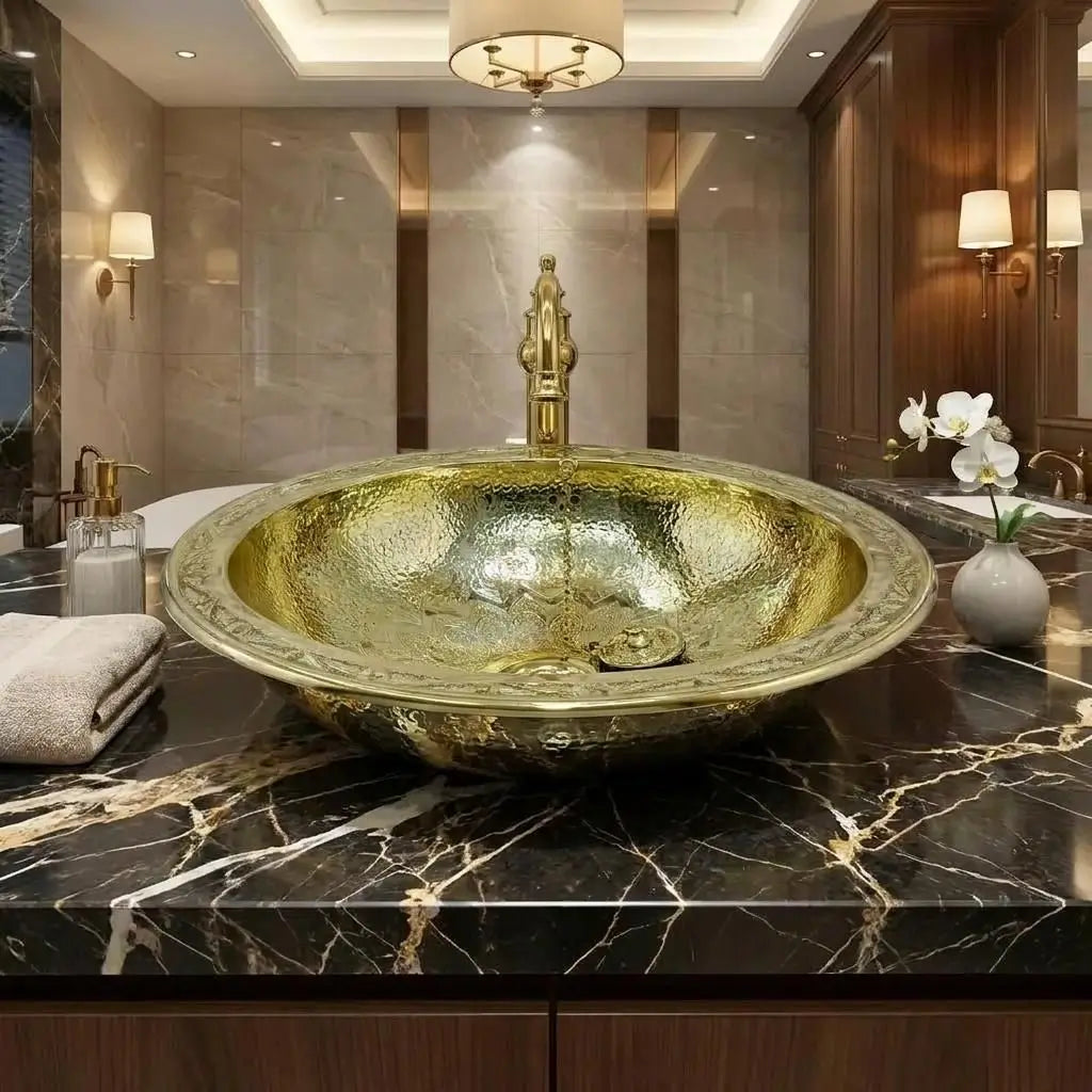 Handcrafted round brass vessel basin with detailed rim engravings displayed on a luxury black and gold vein marble countertop in a modern bathroom.
