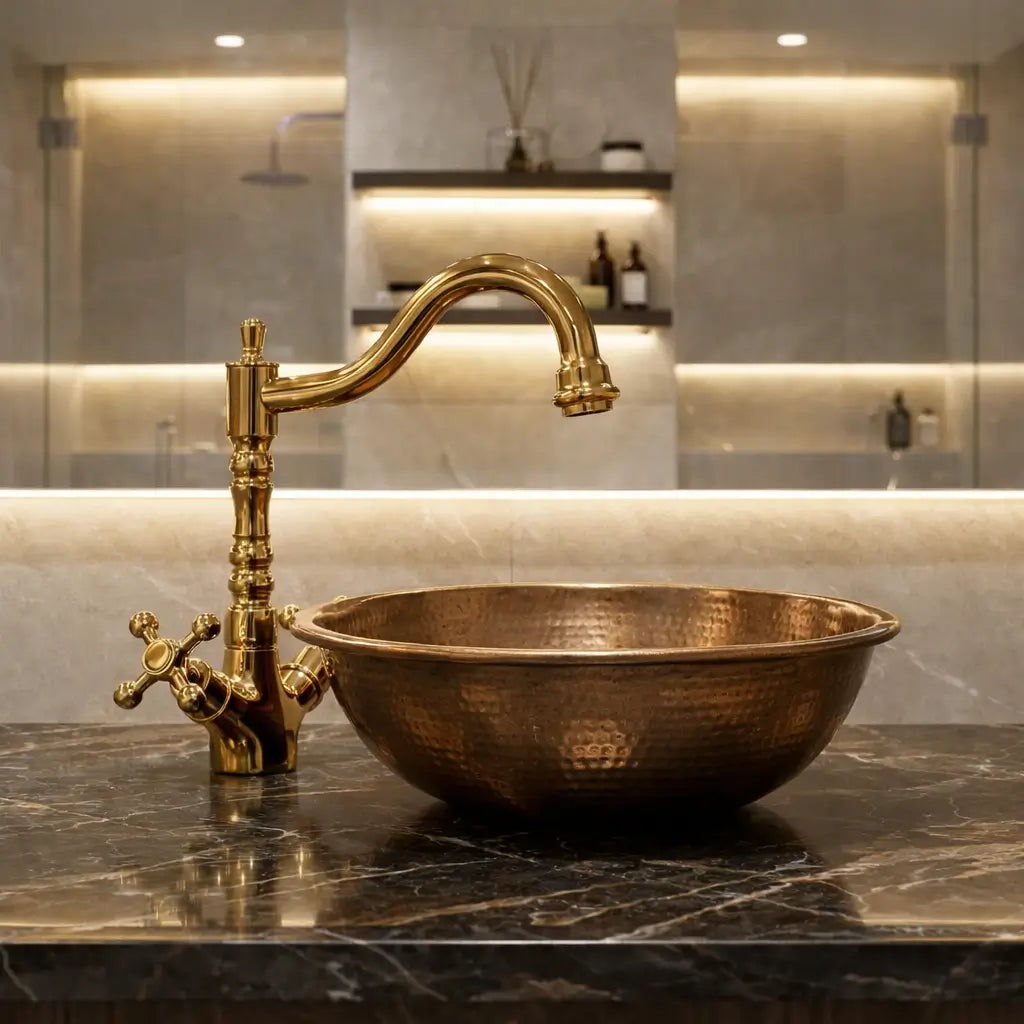 Vintage Moroccan brass tap paired with a matching hammered brass vessel sink on a dark marble countertop.
