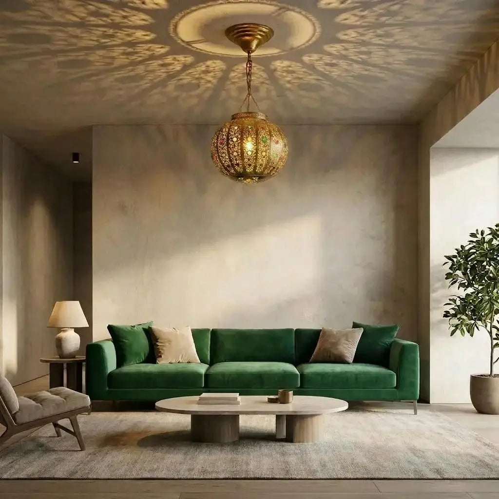 Moroccan brass circular pendant lamp casting circular light and shadow patterns across the ceiling above a green velvet sofa in a modern living room.
