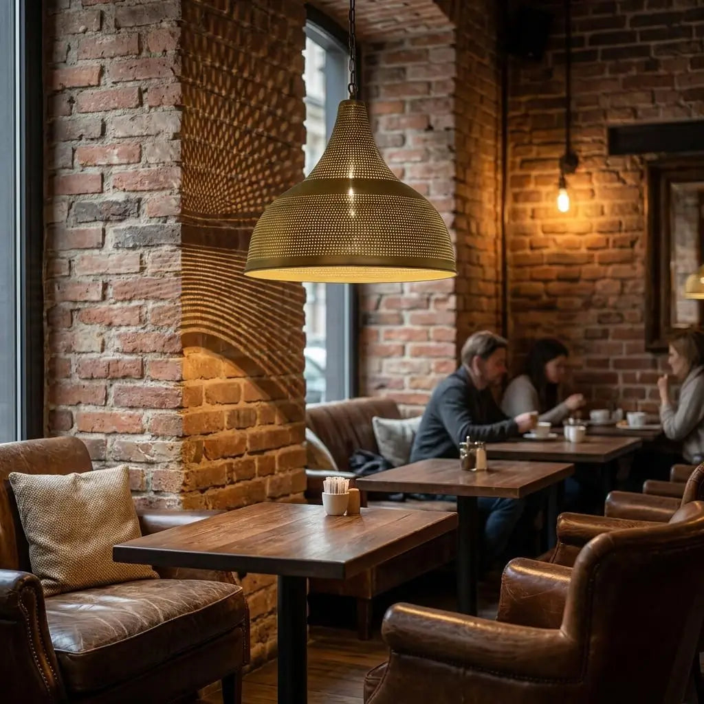 A large Moroccan handcrafted brass dome pendant light hanging from the ceiling, illuminating a cozy rustic cafe interior with exposed brick walls, wooden dining tables, and leather armchairs.