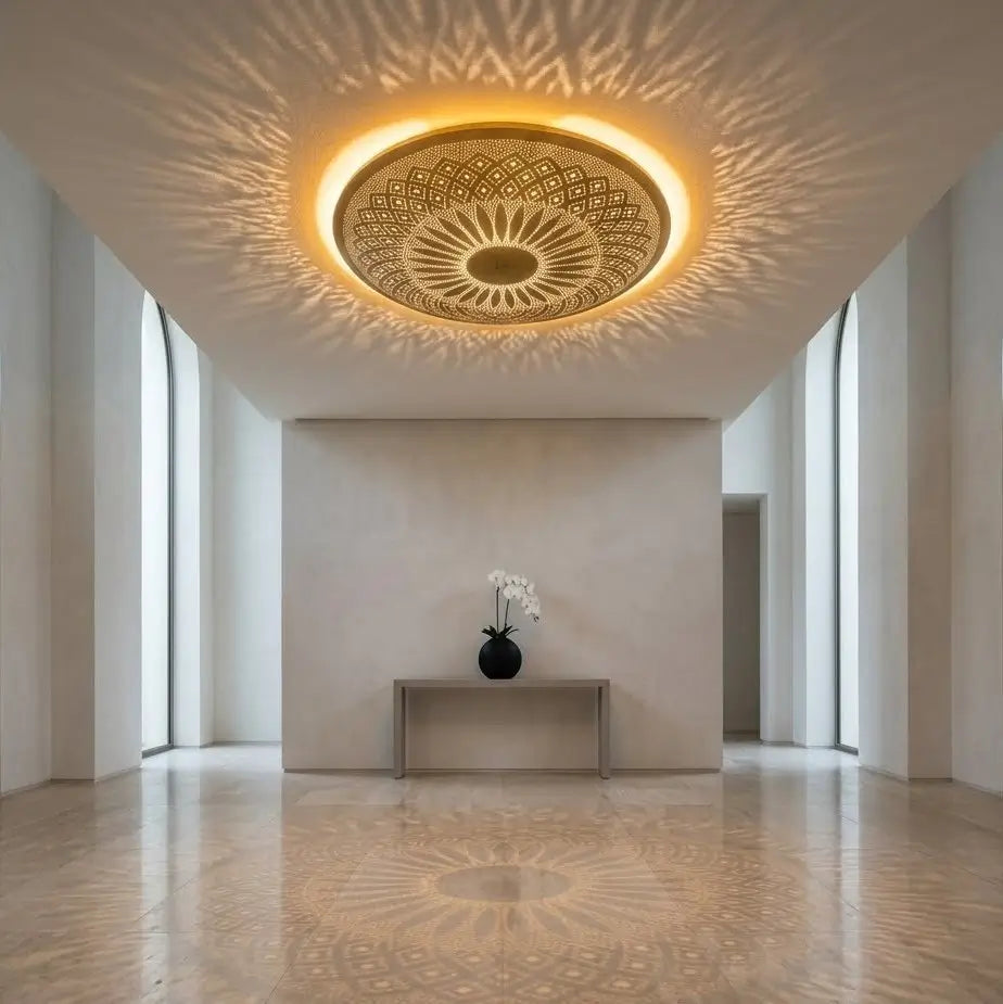 Moroccan brass ceiling lighting fixture casting intricate radial patterns on a modern white hallway ceiling.
