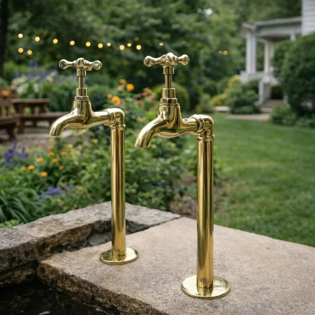 A pair of unlacquered brass water faucets with cross handles installed on a stone ledge in a backyard garden setting with string lights and green lawn in the background.