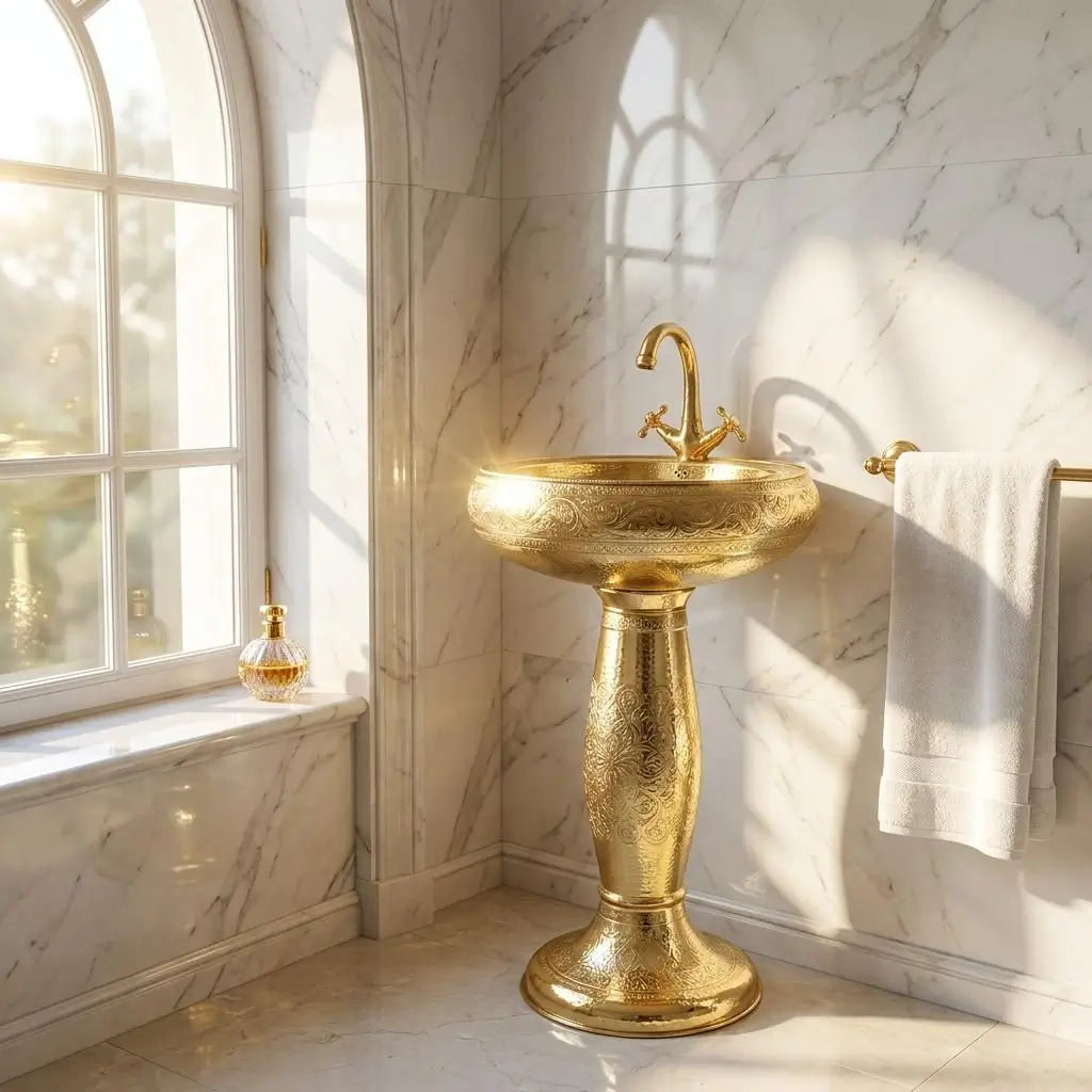 Moroccan engraved brass pedestal sink with a matching curved faucet, illuminated by natural light from a large arched window in a luxurious white marble tiled bathroom with a hanging towel.