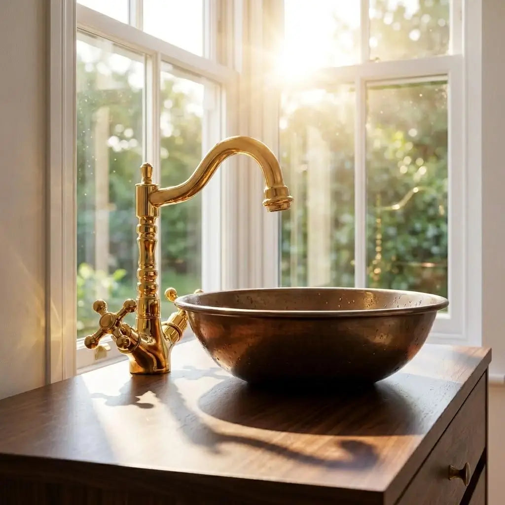 Moroccan brass tap and basin on a wooden vanity next to a large grid window overlooking a sunny green garden.