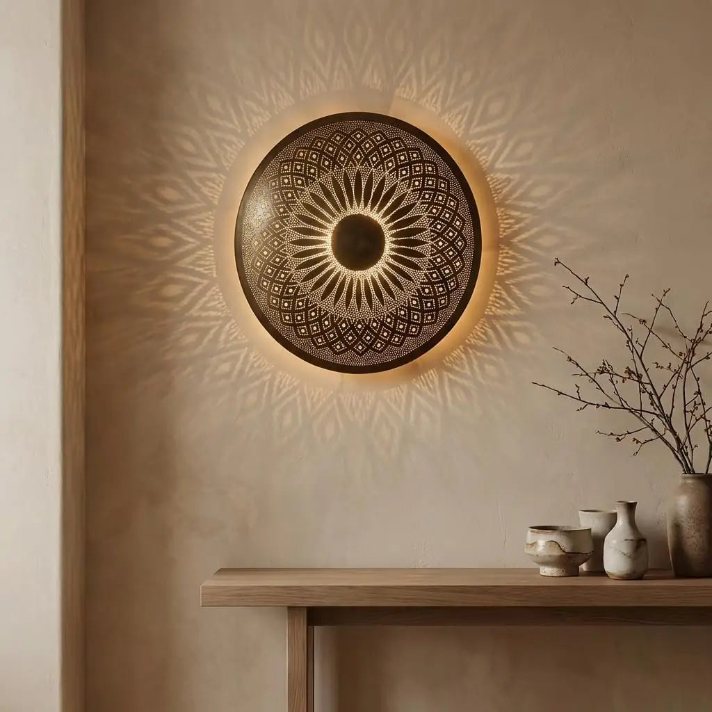 Handmade Moroccan brass wall sconce casting warm floral patterns on a plaster wall above a wooden entryway table.