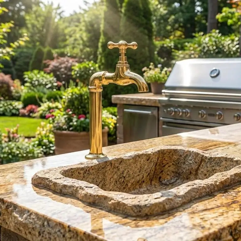 A close-up of a vintage unlacquered brass water faucet mounted on a granite countertop with a rustic stone basin sink in an outdoor kitchen next to a stainless steel grill.