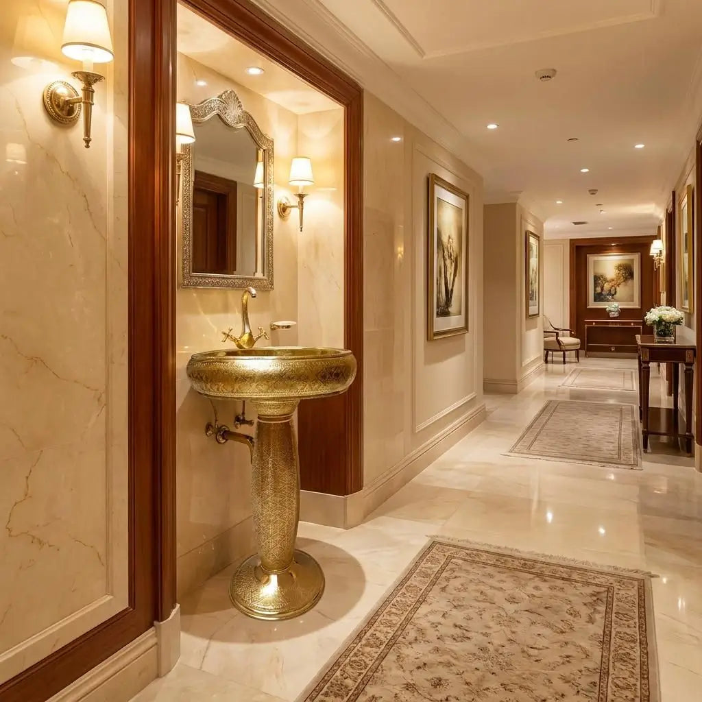 Moroccan carved brass pedestal sink with a matching faucet, integrated into a luxury hotel hallway vanity niche featuring wooden frames, a classic mirror, warm wall lighting, and marble floors.