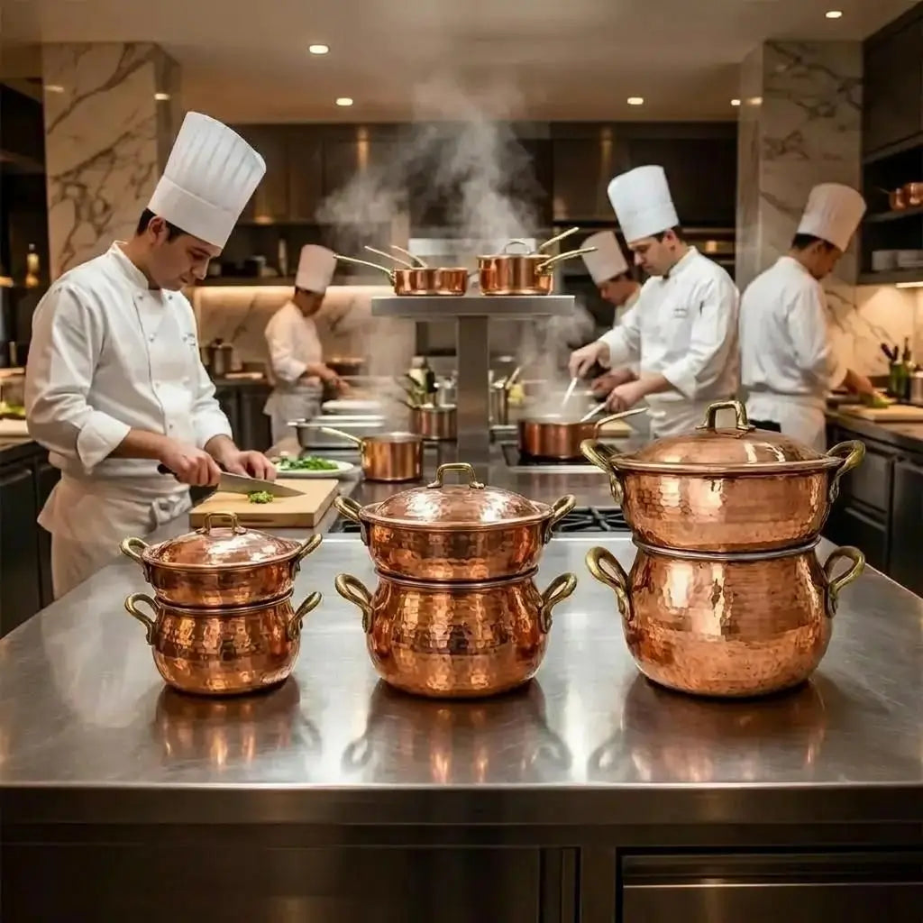 Three different sizes of hammered Moroccan copper couscous steamer pots arranged on a restaurant kitchen counter with chefs working in the background.