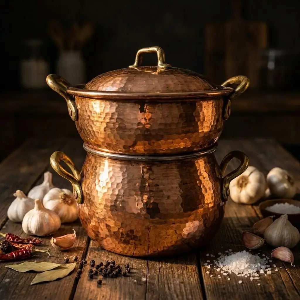 Hammered Moroccan copper couscoussier steamer pot surrounded by garlic and spices on a rustic wooden table.