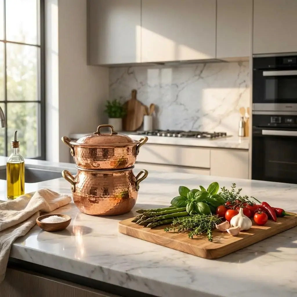 Moroccan copper couscoussier steamer pot on a modern kitchen island next to fresh vegetables on a cutting board.