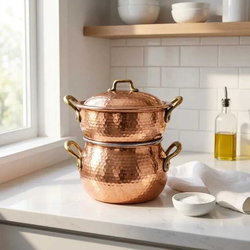 Hammered Moroccan copper couscoussier steamer pot on a white kitchen countertop near a bright window.