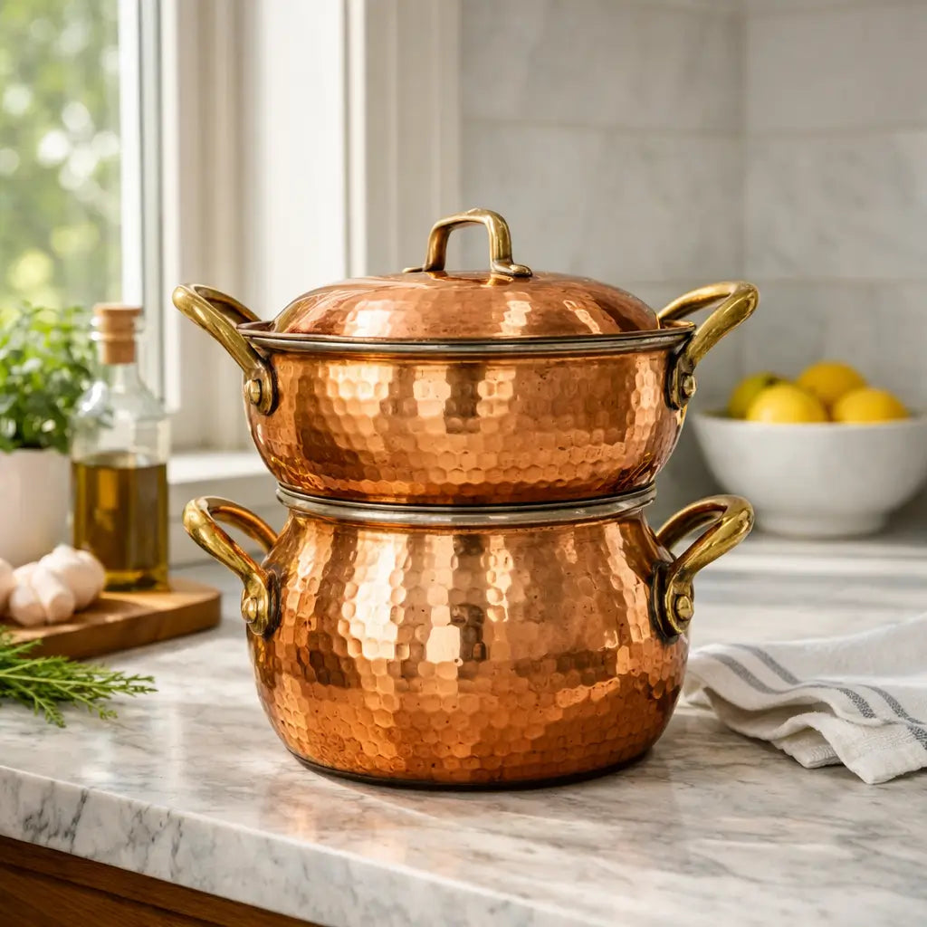 Hammered Moroccan copper couscoussier steamer pot on a white marble countertop next to a bowl of lemons.