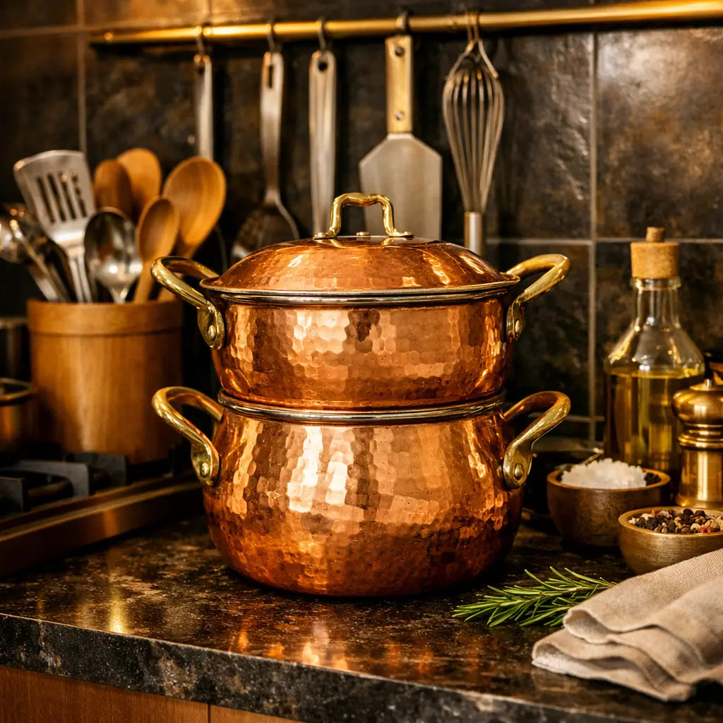 Hammered Moroccan copper couscoussier steamer pot on a dark granite countertop with wooden cooking utensils.