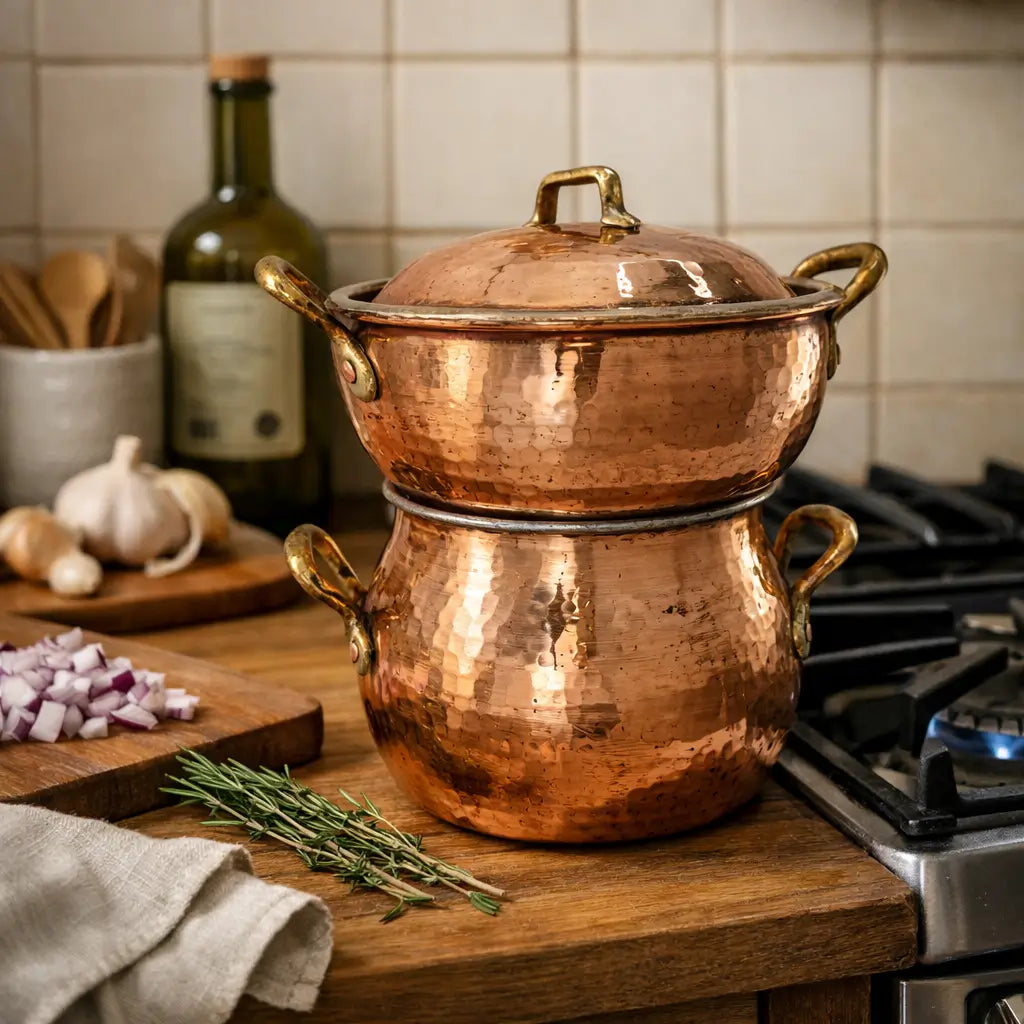 Hammered Moroccan copper couscoussier steamer pot on a wooden counter next to a stove and chopped ingredients.