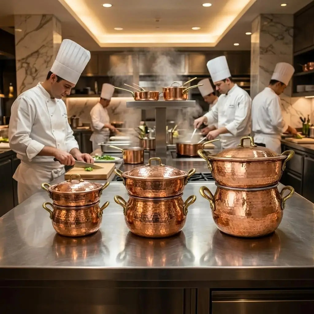 Three Moroccan copper couscoussier steamer pots on a stainless steel table in a professional kitchen with chefs.