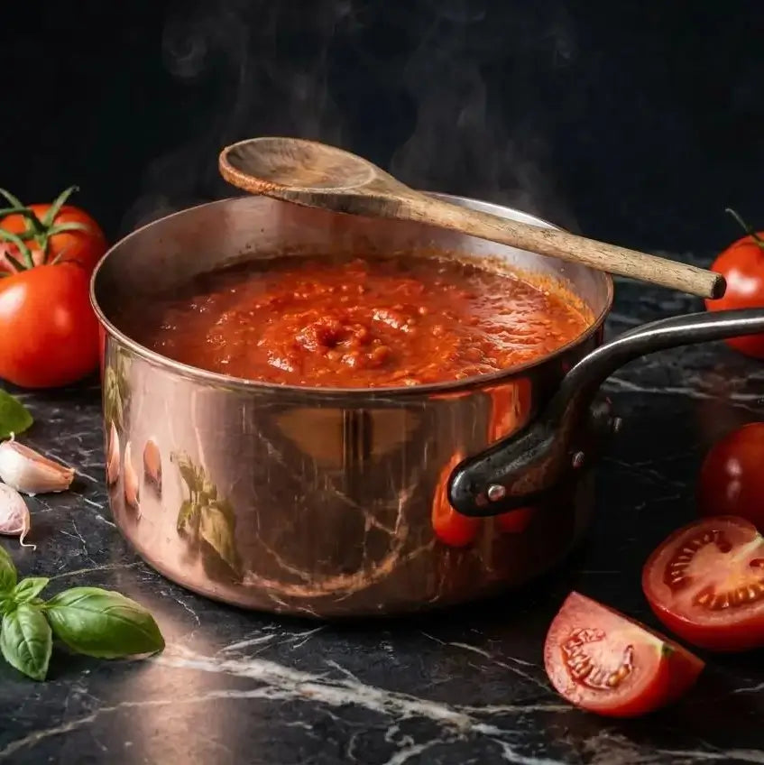 Moroccan copper saucepan with traditional tin lining simmering fresh tomato sauce with a wooden spoon on top, featuring pure copper heat conductivity and a long metal handle.