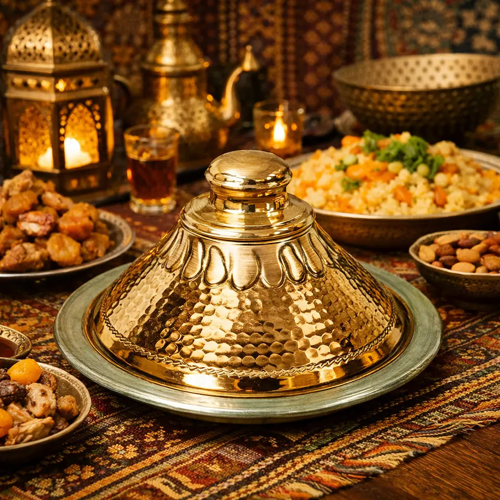 Handcrafted Moroccan copper tagine on a traditional patterned tablecloth with a classic teapot and traditional arabesque lantern in the background