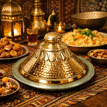 Handcrafted Moroccan copper tagine on a traditional patterned tablecloth with a classic teapot and traditional arabesque lantern in the background