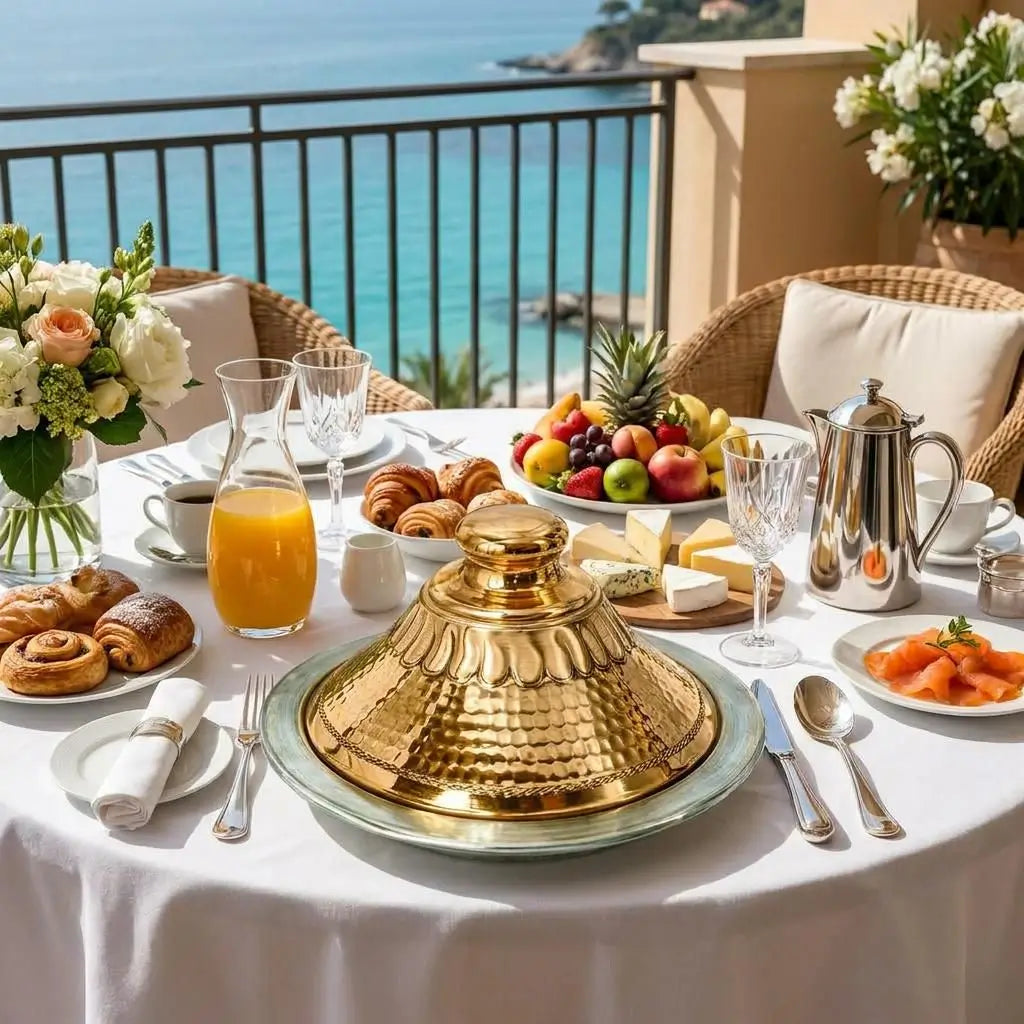 Handcrafted Moroccan copper tagine served on a luxury balcony breakfast table with a scenic blue ocean background view