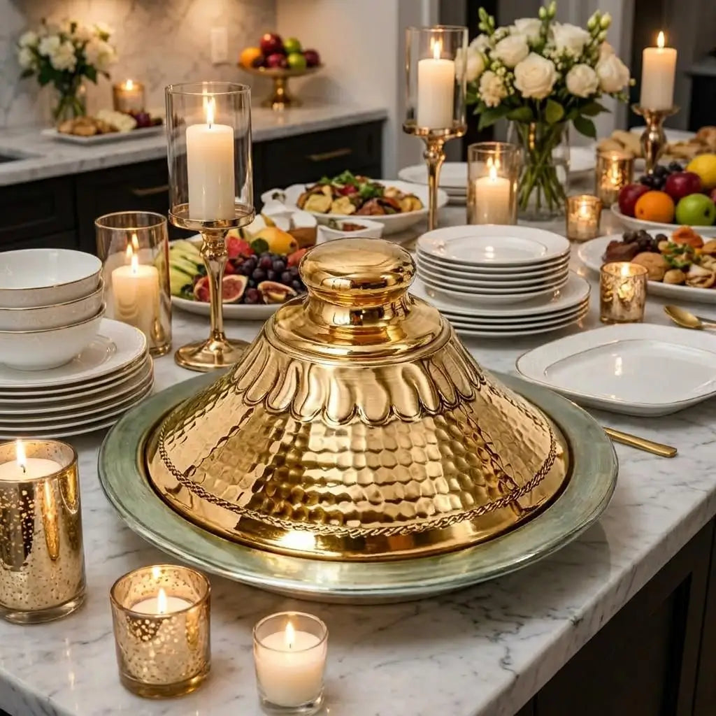 Polished Moroccan copper tagine on a luxury marble dining table surrounded by lit candles and elegant dinnerware