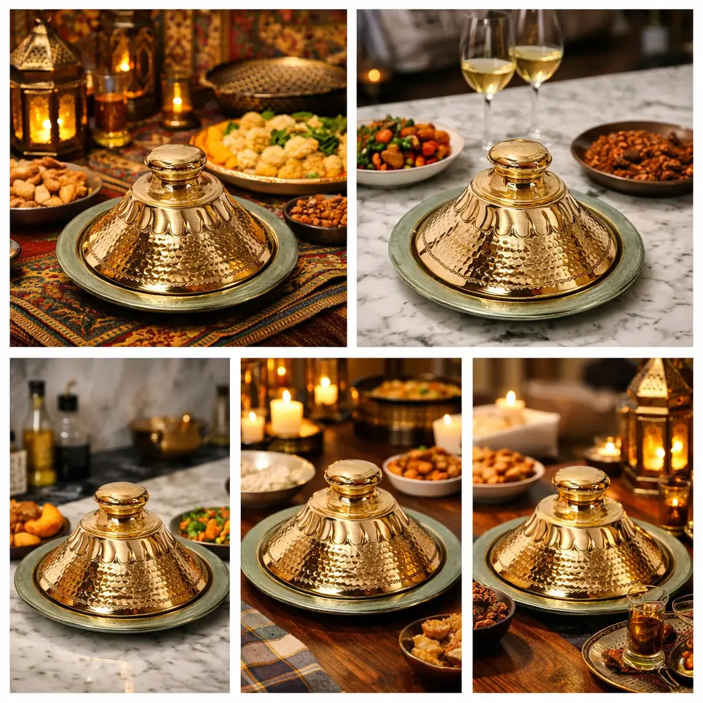 Photo collage showcasing multiple lifestyle views of a handcrafted Moroccan copper tagine on luxury dining and festive tables